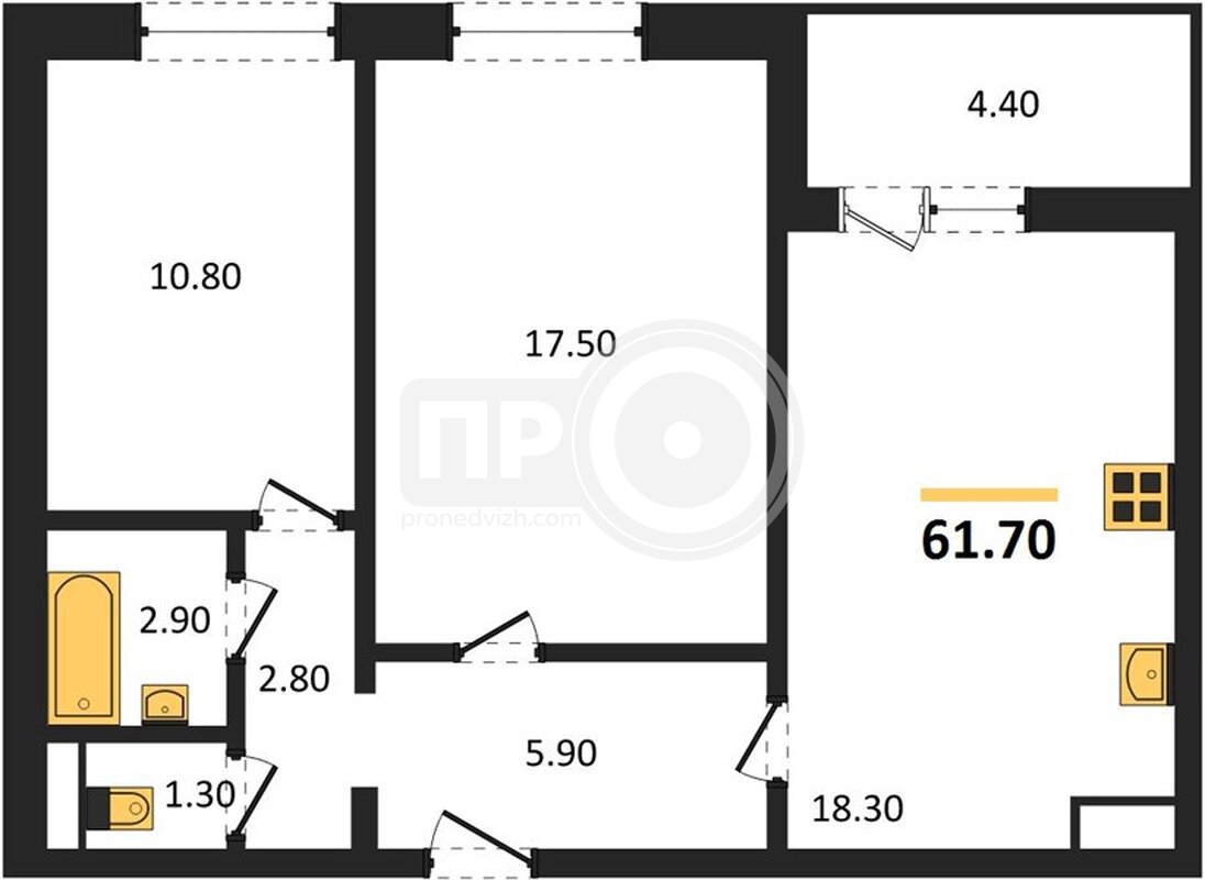 2-комнатная квартира, 61.7кв.м