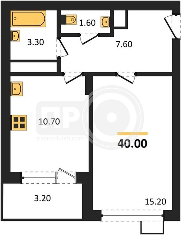 1-комнатная квартира, 40кв.м