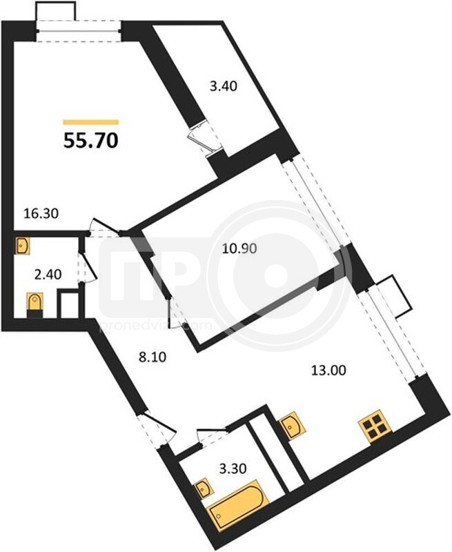 2-комнатная квартира, 55.7кв.м