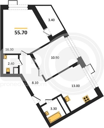 Миниатюра 2-комнатная квартира, 55.7кв.м