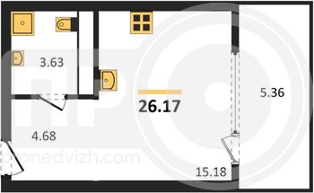 Миниатюра 1-комнатная квартира, 26.17кв.м