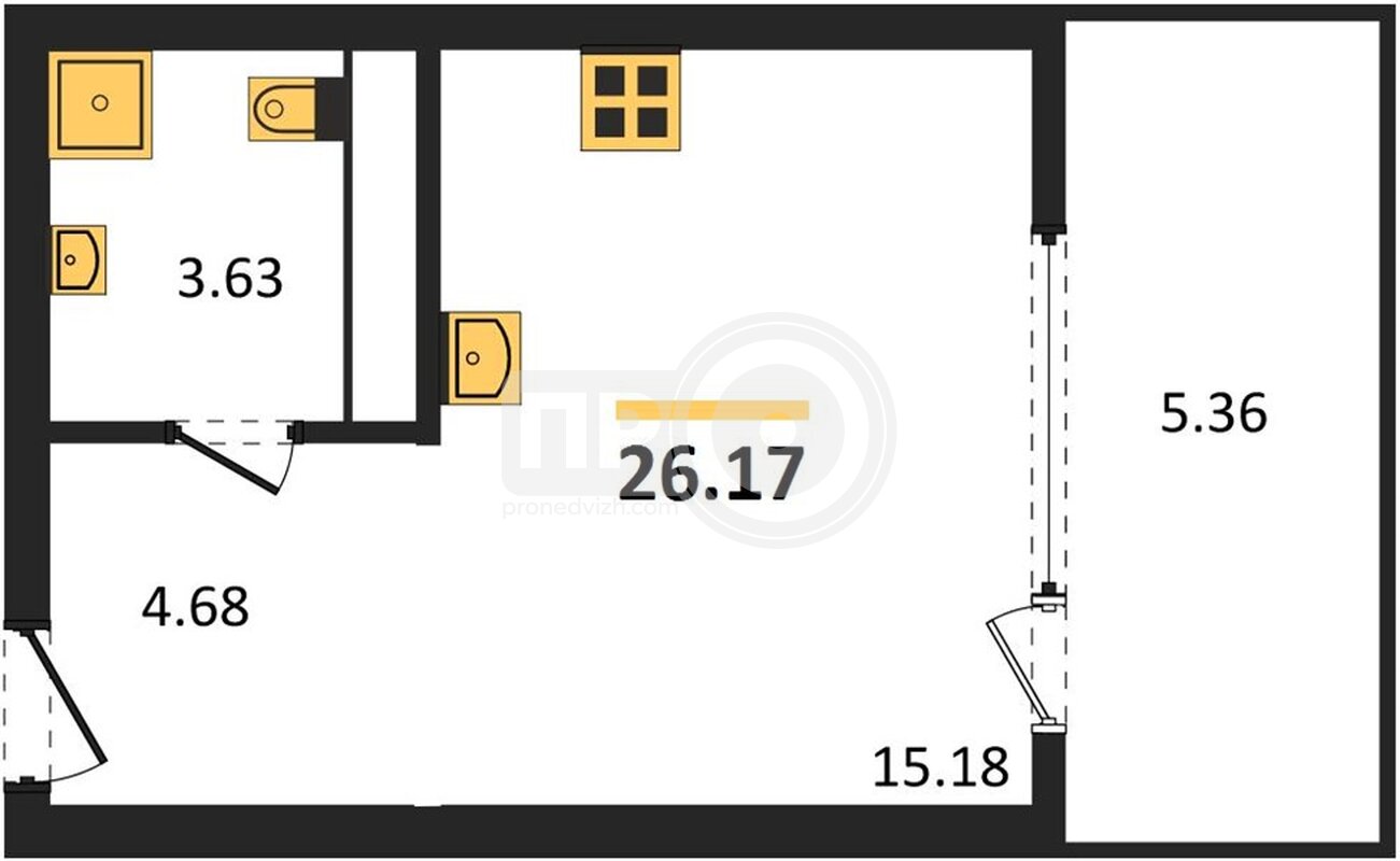 1-комнатная квартира, 26.17кв.м