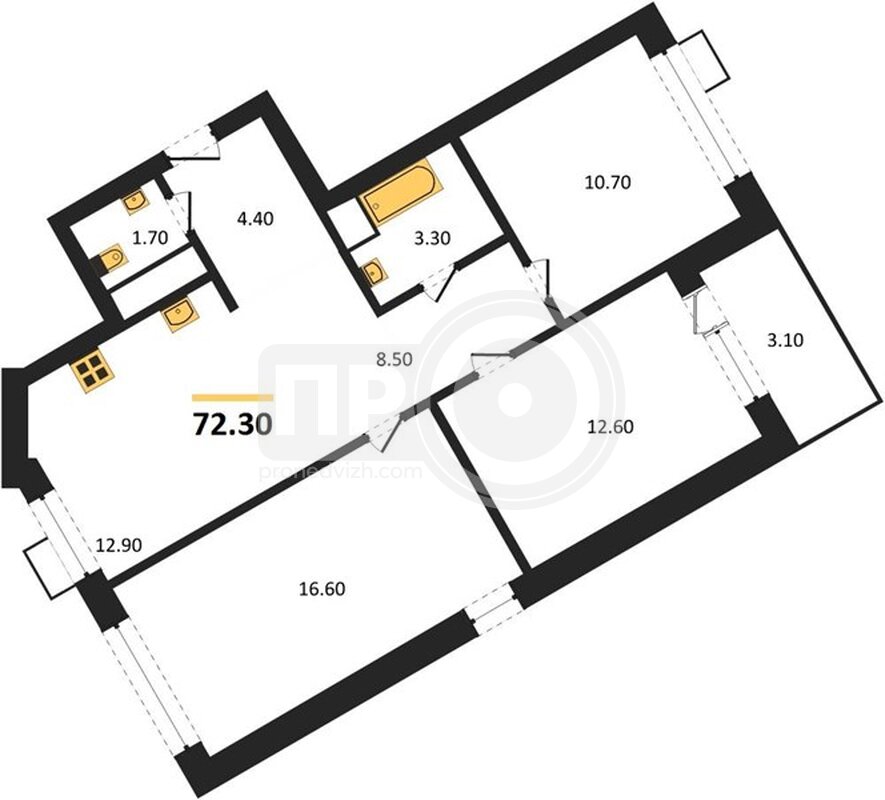 3-комнатная квартира, 72.3кв.м