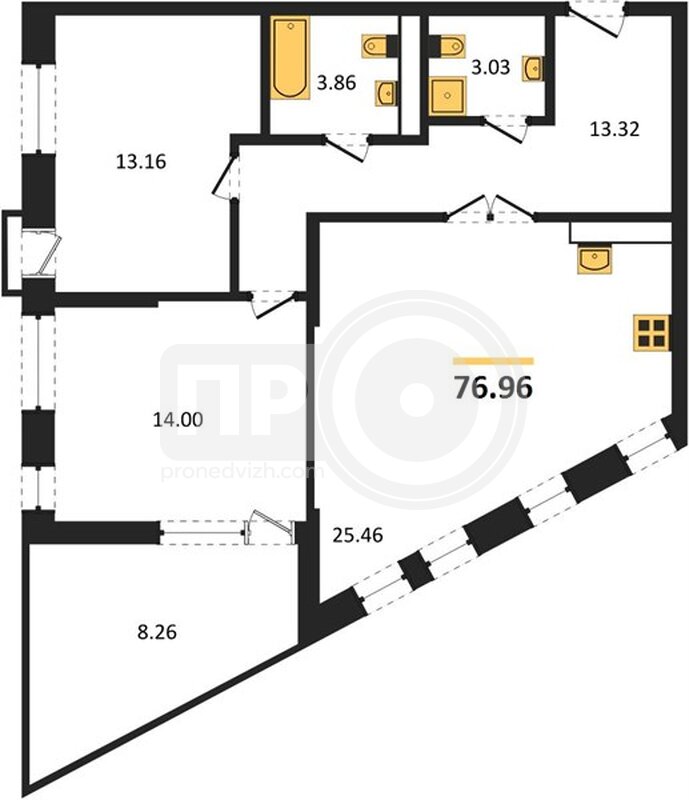 2-комнатная квартира, 76.96кв.м