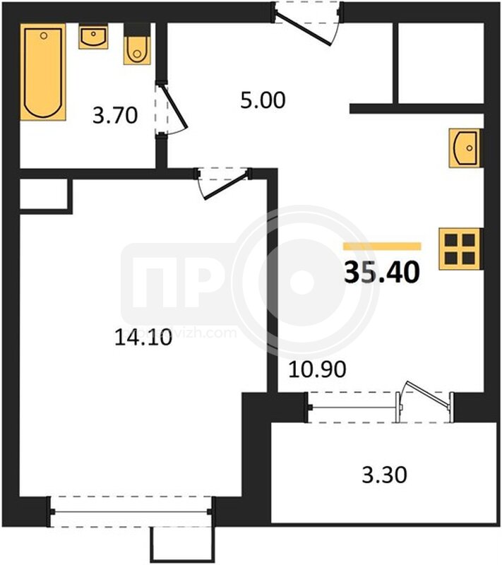 1-комнатная квартира, 35.4кв.м