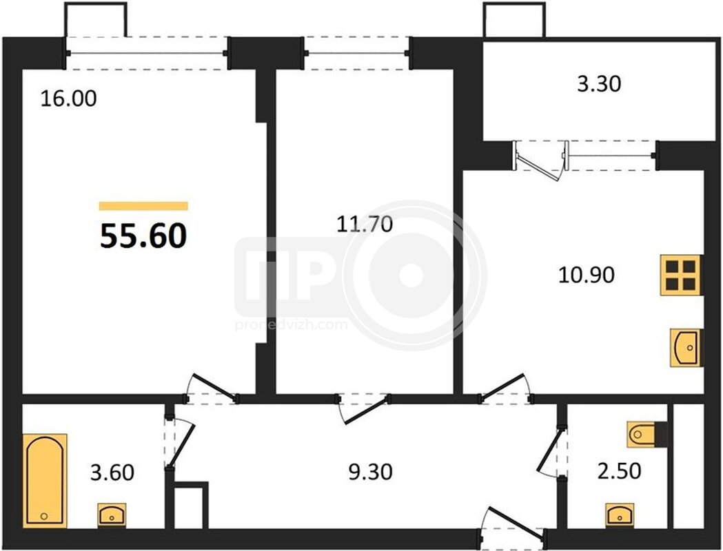 2-комнатная квартира, 55.6кв.м