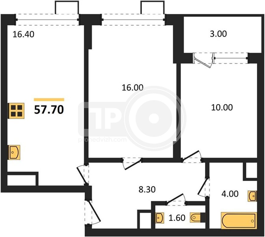 2-комнатная квартира, 57.7кв.м