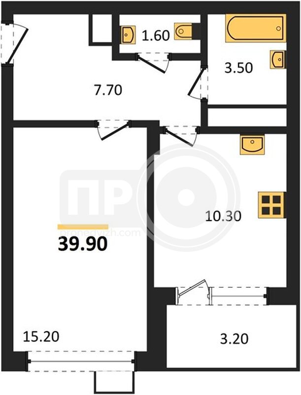 1-комнатная квартира, 39.9кв.м