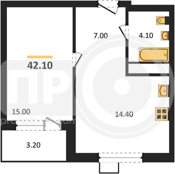 Миниатюра 1-комнатная квартира, 42.1кв.м