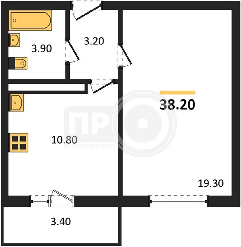 1-комнатная квартира, 38.2кв.м