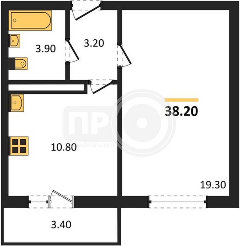 1-комнатная квартира, 38.2кв.м