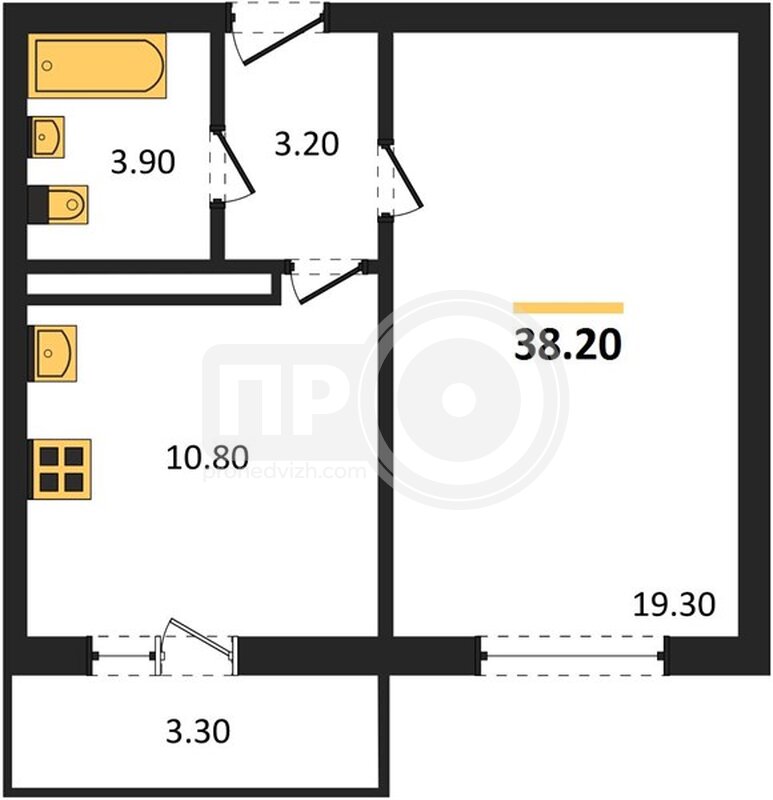 1-комнатная квартира, 38.2кв.м