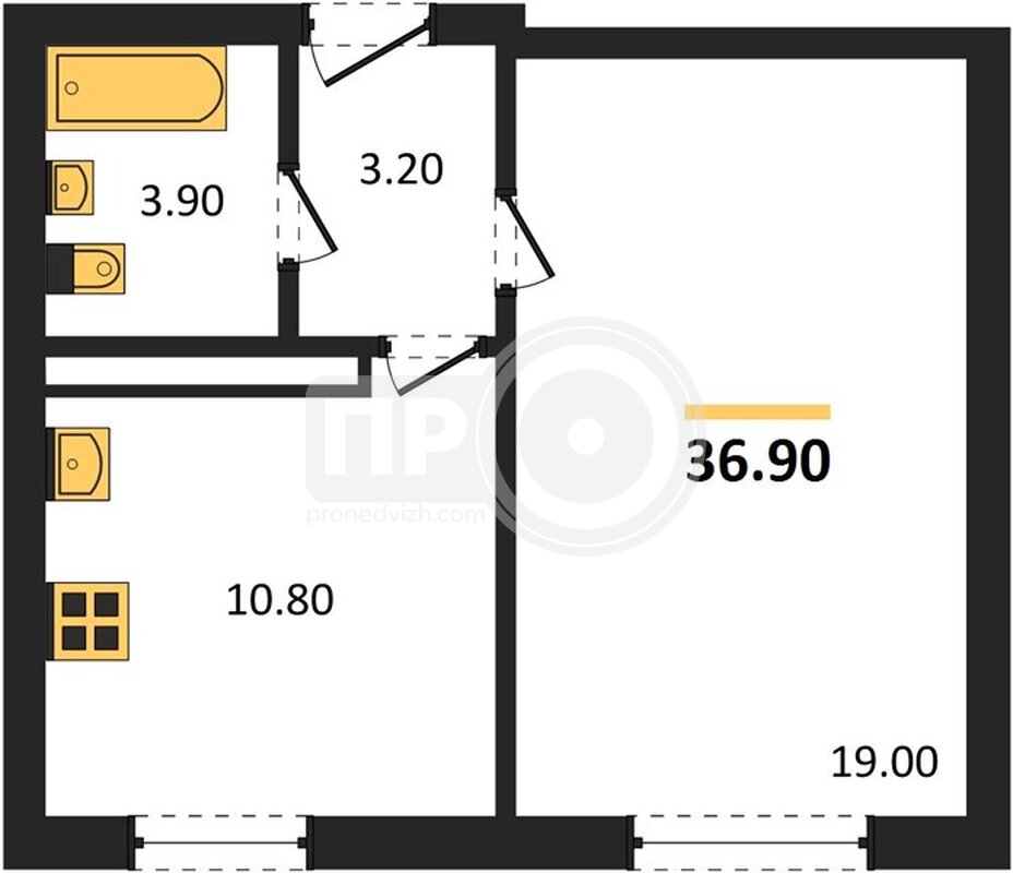 1-комнатная квартира, 36.9кв.м