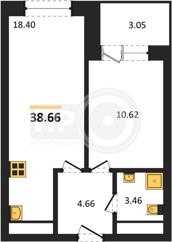 1-комнатная квартира, 38.66кв.м