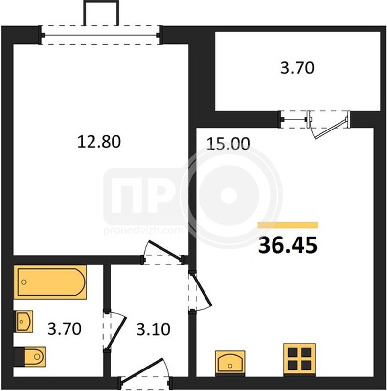 1-комнатная квартира, 36.45кв.м
