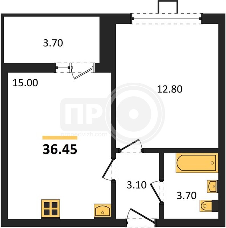 1-комнатная квартира, 36.45кв.м