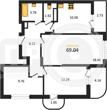 Миниатюра 3-комнатная квартира, 70.45кв.м