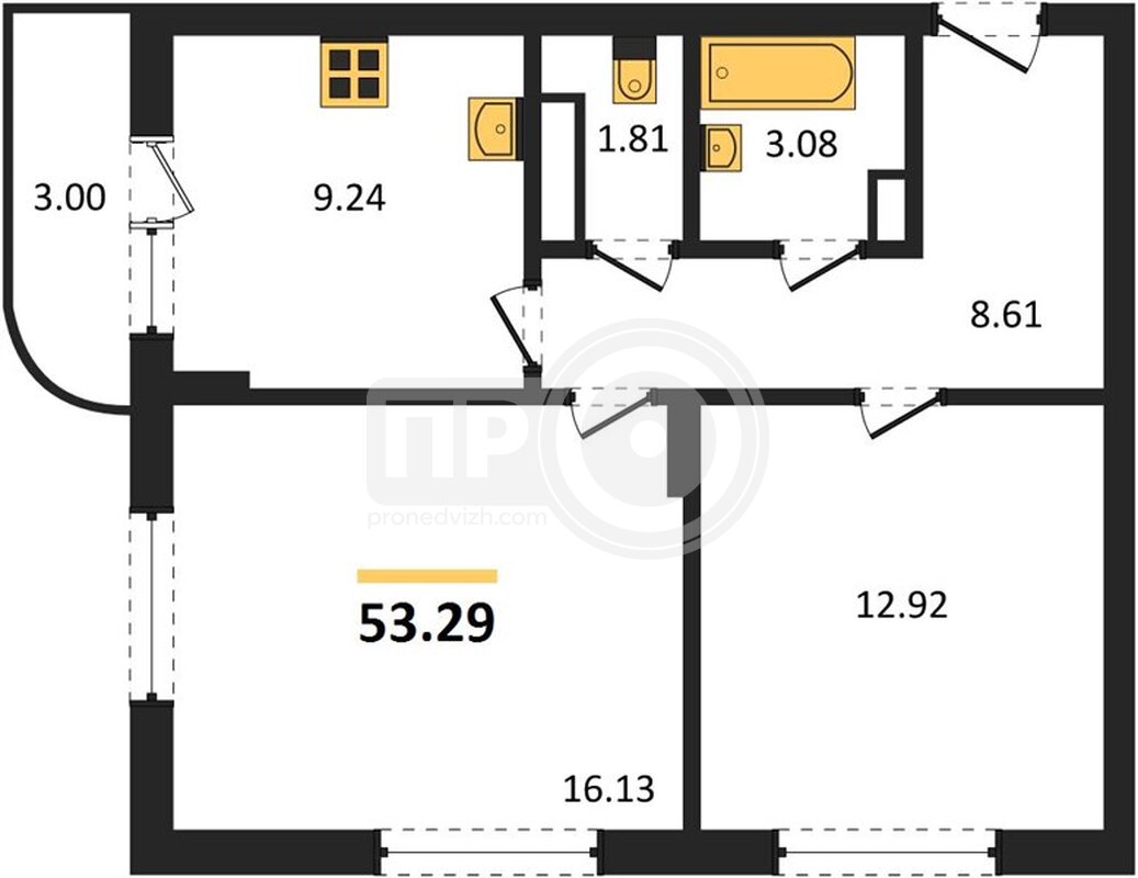 2-комнатная квартира, 53.79кв.м