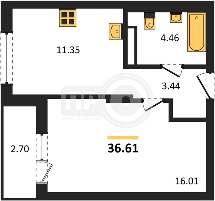 1-комнатная квартира, 36.59кв.м