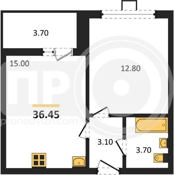 Миниатюра 1-комнатная квартира, 36.45кв.м