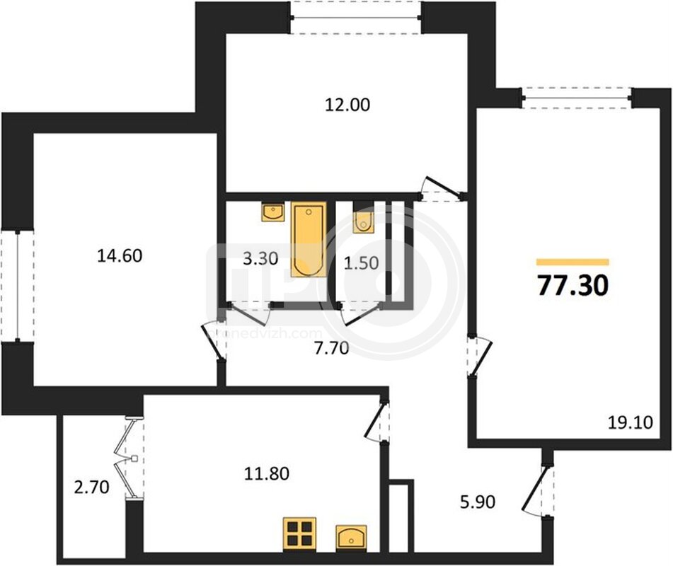 3-комнатная квартира, 77.3кв.м