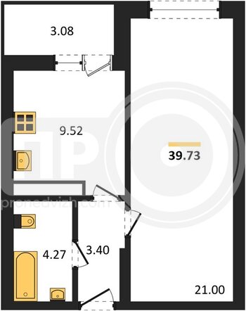 Миниатюра 1-комнатная квартира, 39.73кв.м