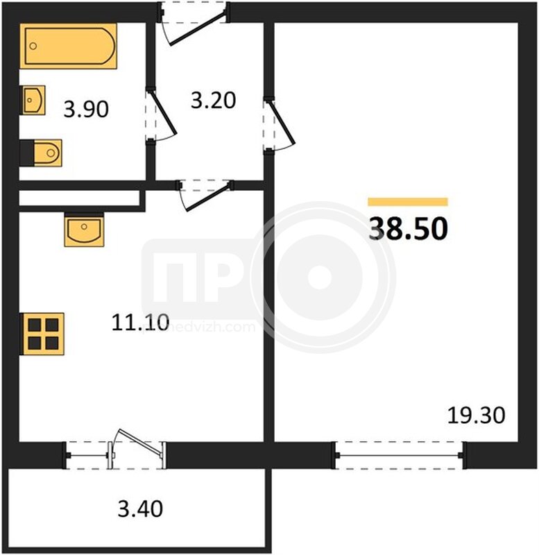1-комнатная квартира, 38.5кв.м
