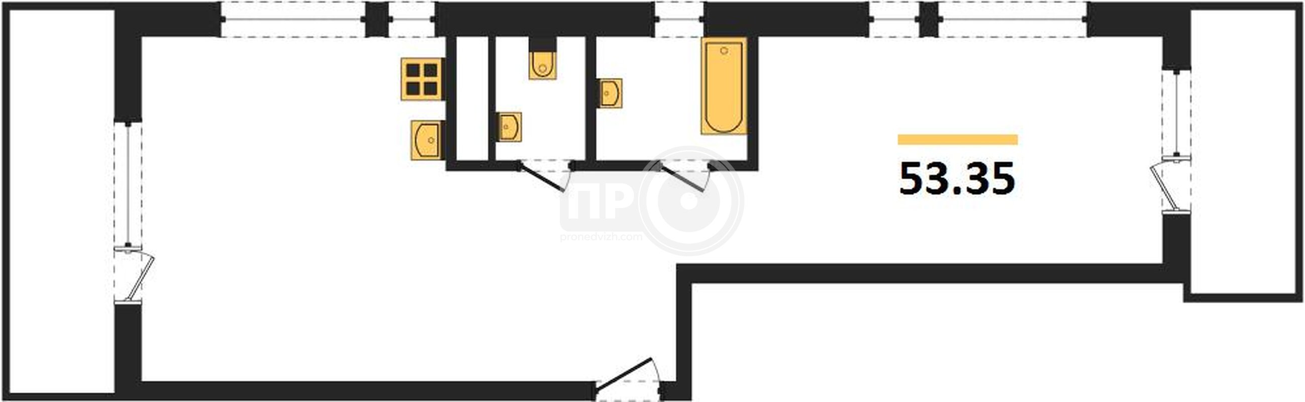 1-комнатная квартира, 53.35кв.м