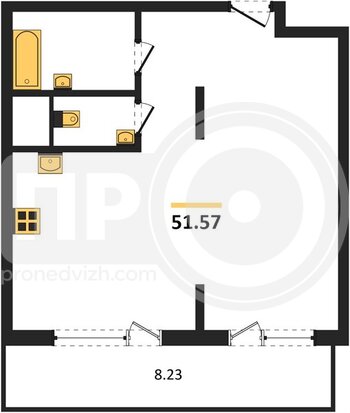 Миниатюра 1-комнатная квартира, 51.57кв.м