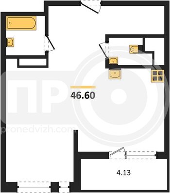 Миниатюра 1-комнатная квартира, 46.6кв.м