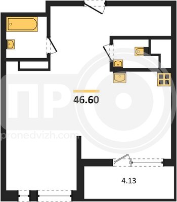 Миниатюра 1-комнатная квартира, 46.6кв.м