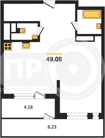 Миниатюра 1-комнатная квартира, 49.08кв.м