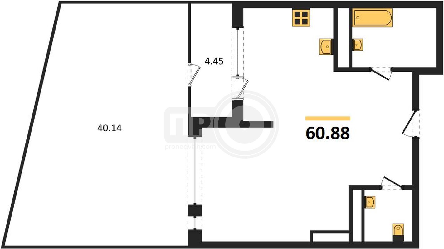 1-комнатная квартира, 60.88кв.м