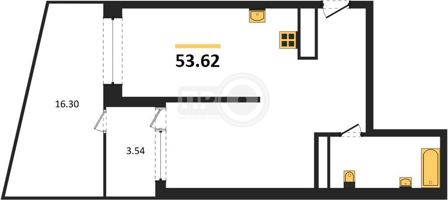 1-комнатная квартира, 53.62кв.м