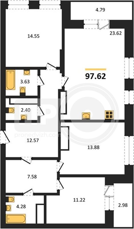 3-комнатная квартира, 97.62кв.м