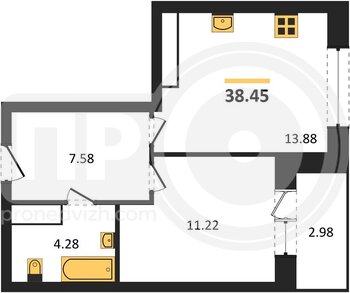 Миниатюра 1-комнатная квартира, 38.45кв.м