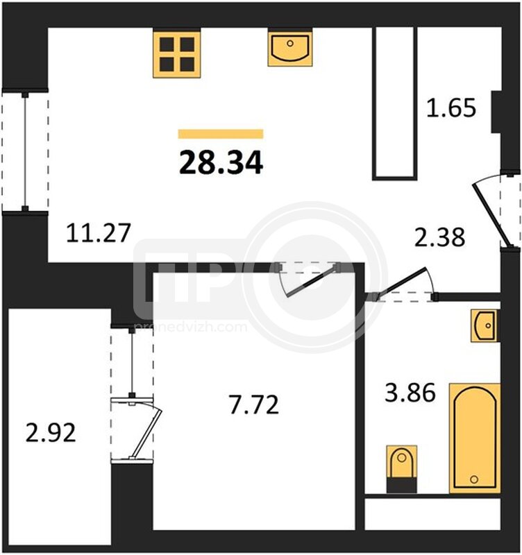 1-комнатная квартира, 28.34кв.м
