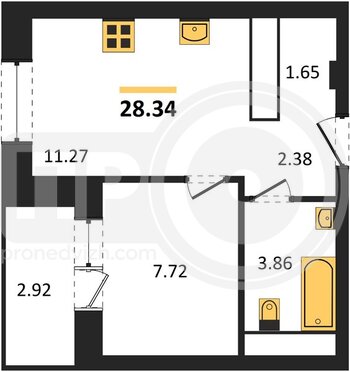 Миниатюра 1-комнатная квартира, 28.34кв.м