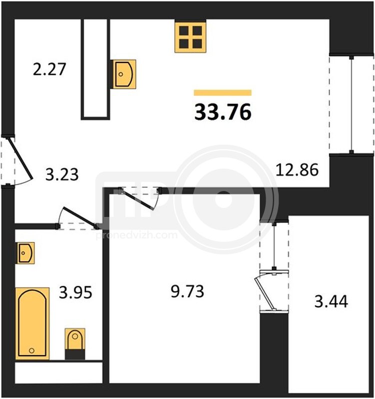 1-комнатная квартира, 33.76кв.м