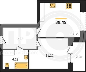 Миниатюра 1-комнатная квартира, 38.45кв.м