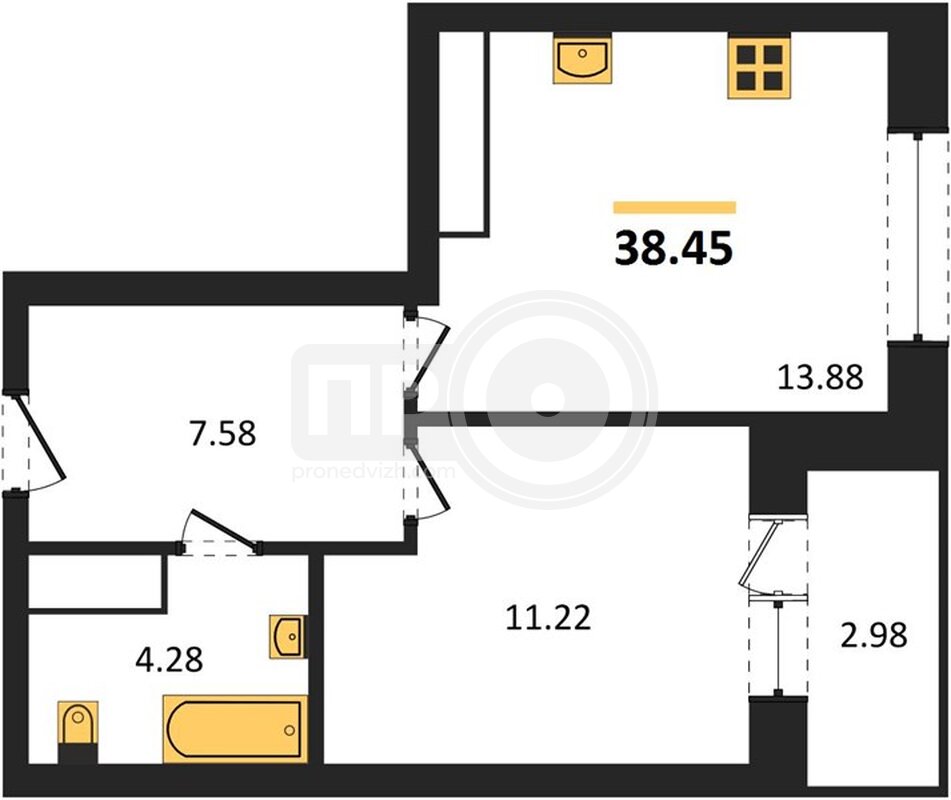 1-комнатная квартира, 38.45кв.м