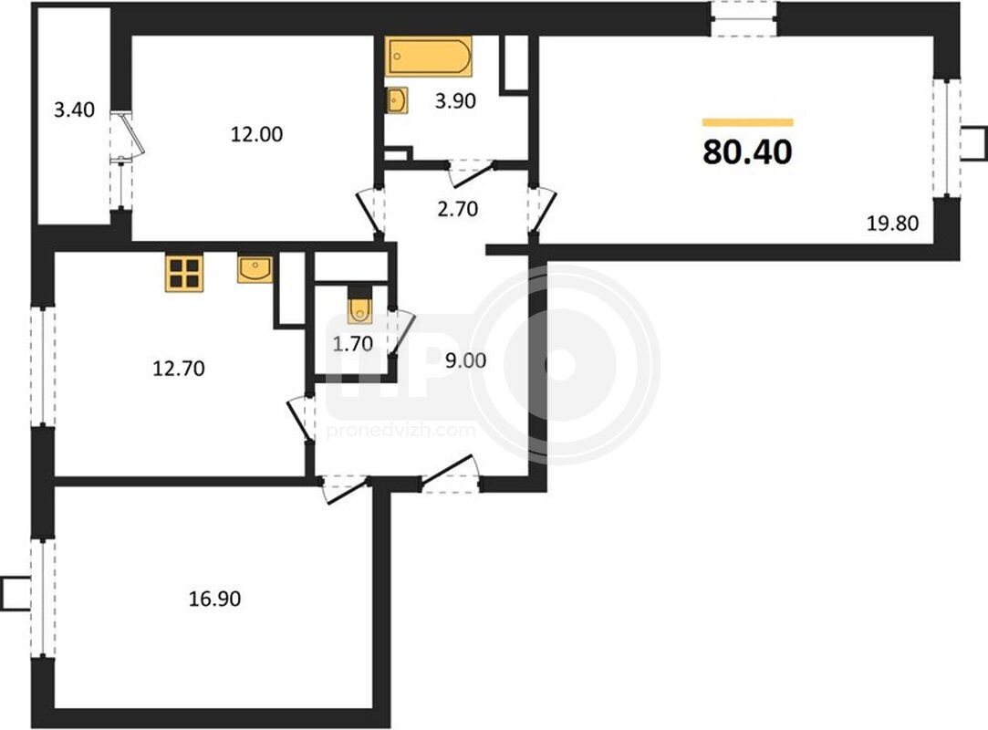 3-комнатная квартира, 80.4кв.м