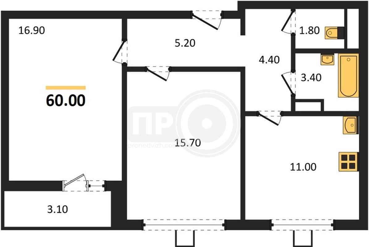 2-комнатная квартира, 60кв.м