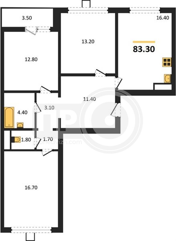 3-комнатная квартира, 83.3кв.м