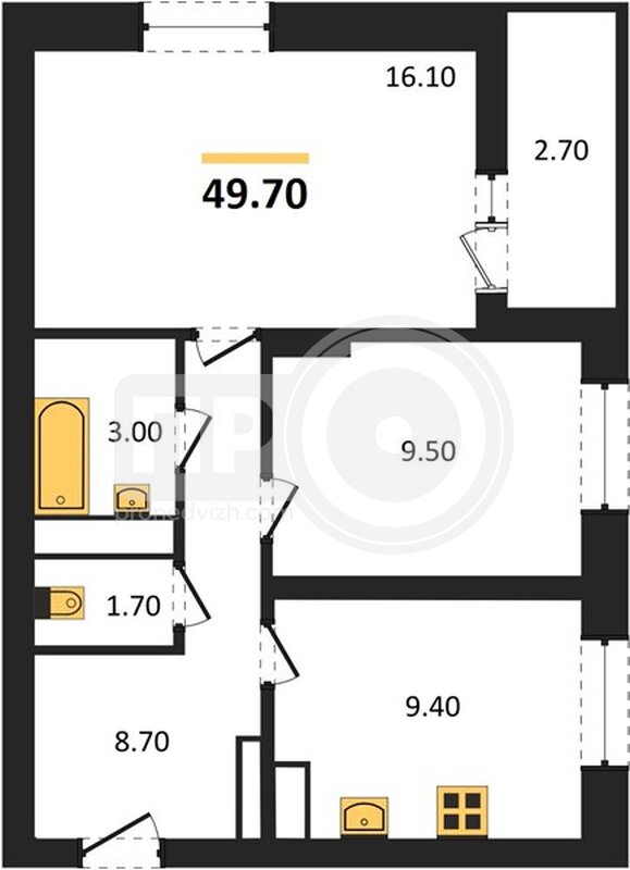 2-комнатная квартира, 49.7кв.м