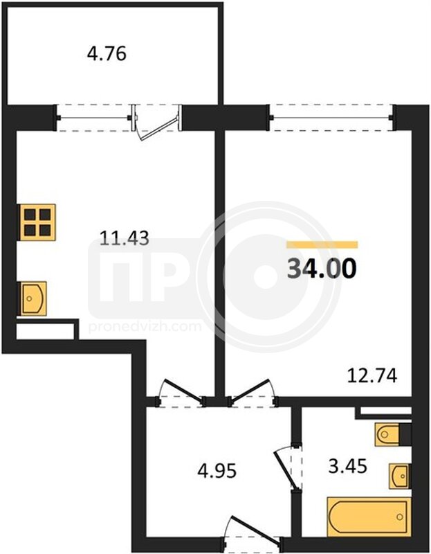 1-комнатная квартира, 34кв.м