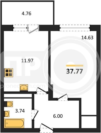 Миниатюра 1-комнатная квартира, 37.77кв.м