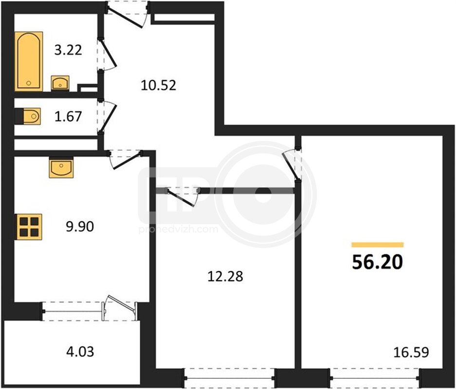 2-комнатная квартира, 56.2кв.м