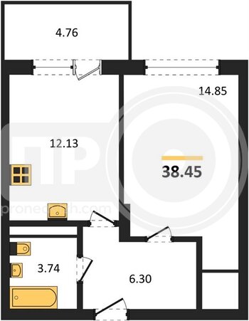 Миниатюра 1-комнатная квартира, 38.45кв.м