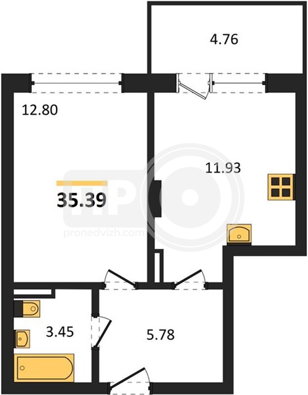 1-комнатная квартира, 35.39кв.м
